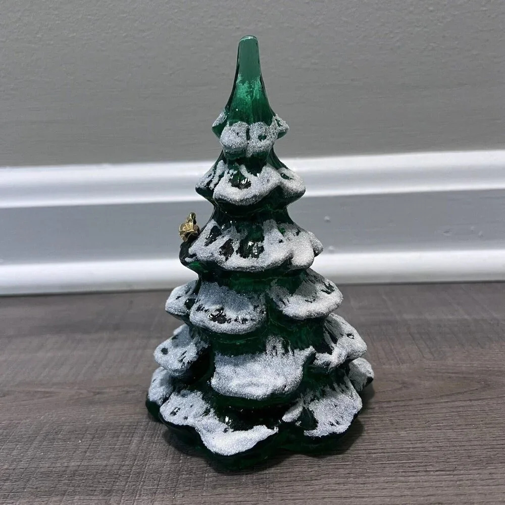 Fenton Art Glass Christmas Tree Figurine Green Frosted Gold Bird Set Of 3 VTG - Picture 4 of 14